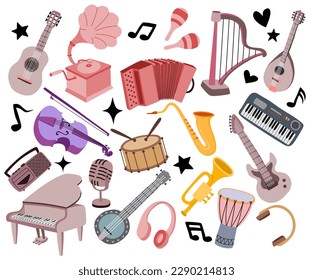 Set of musical instruments in cartoon style on the white background. 