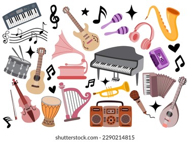 Set of musical instruments in cartoon style on the white background. 