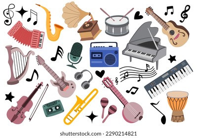 Set of musical instruments in cartoon style on the white background. 