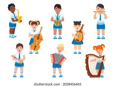 Set of musical instruments with children. Children play different instruments. Vector. Cartoon style.