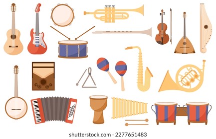 Set of musical instruments. Collection of icons for website. Acoustic and electric guitars, drums, saxophone and trumpet, maracas. Cartoon flat vector illustrations isolated on white background