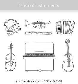 Set of musical instruments. Coloring page. Vector illustration.