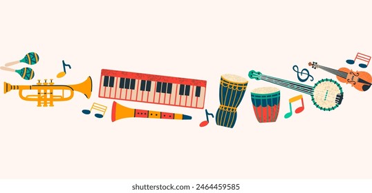 Set of musical instruments. Musical composition with synthesizer, violin, drum, trumpet, notes. Vector illustration