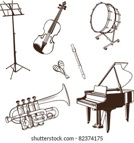 Set of musical Instruments in dark contour