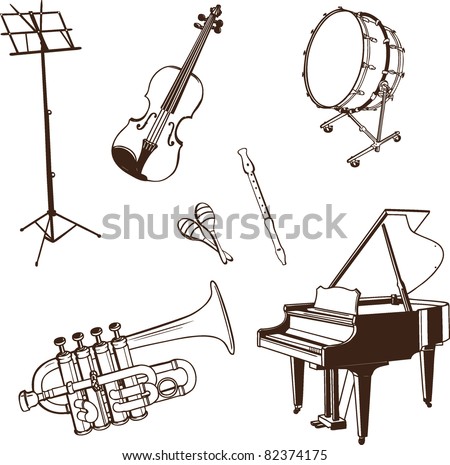 Set of musical Instruments in dark contour