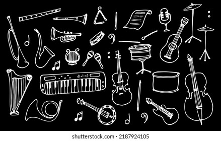 a set of musical instruments doodle icons. a collection of hand-drawn doodles depicting trumpet, violin, harp, drum, flute, sheet music, guitar, cello black outline on white for a design template.