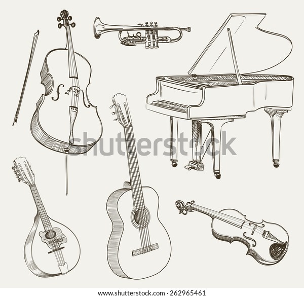 Set Musical Instruments Drawings Vector Illustration Stok Vektör