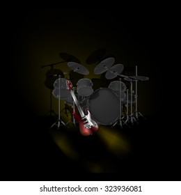 Set of musical instruments drums and electric guitar in dark colors with a lightening and darkening of the zones. You can use any image on a black background as a poster, perfect light text.