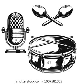 Set of musical instruments (drums, microphone, maracas) for creating your own badges, logos, labels, posters etc. Isolated on white.