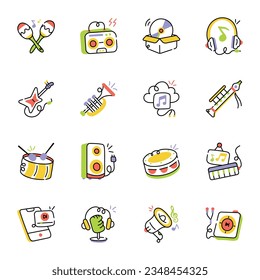 Set of Musical Instruments flat Sketchy Icons 

