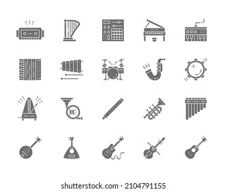 Set of Musical Instruments Grey Icons. Piano, Accordion, Violin, Guitar and more