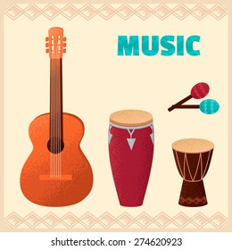 Set of musical instruments. Guitar, percussion and conga drums, maracas. Retro vector illustration