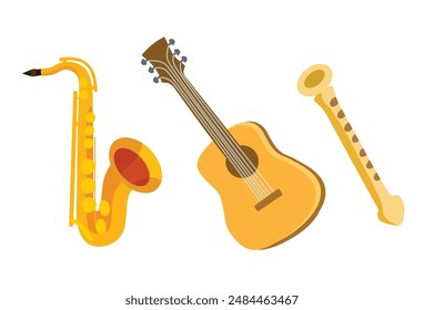 Set of musical instruments. Guitar, saxophone, flute. Vector objects.