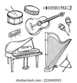 Establece el estilo de los instrumentos musicales dibujados a mano. Ilustración de doodle blanco y negro vectorial