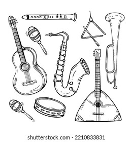 Set musical instruments hand drawn style. Vector black and white doodle illustration