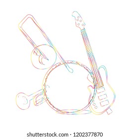 Set of musical instruments holographic. Doodle style. Contour on white background. For postcard, icon, logo, badge, flyer, placard, greeting, banner.
