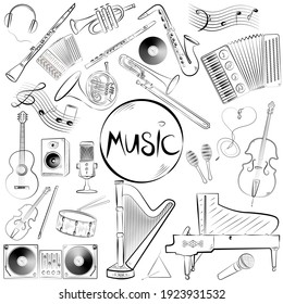 Set Of Musical Instruments Icons Hand Drawn In Vector