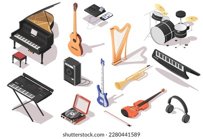 Conjunto de íconos de instrumentos musicales aislados en fondo blanco. Diferentes tipos de equipos para bandas musicales de estilo realista. Diseño isométrico de música clásica, jazz y pop. Ilustración del vector