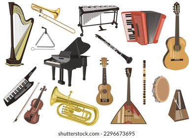 Set of musical instruments icons isolated on white background. Different types of equipment for musician band in realistic style. Flat design of classical, jazz and pop music. Vector illustration