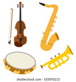 Set of musical instruments, illustration musical instruments, classical violin icon, illustration a classical violin, saxophone vector, symbol saxophone, tambourine, tambourine logo, trumpet.