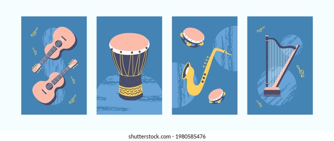 Set of musical instruments illustrations in pastel style. Collection of creative art posters in retro style. Guitar, harp, violin and pipe on blue background. Art concept for banners, website design