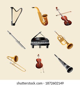 set of musical instruments include piano harp flute trumpet and others vector illustration detailed