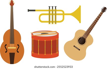 Conjunto de instrumentos musicais inclui guitarra, contrabaixo, bateria e trompete