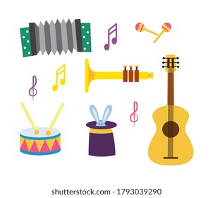 Conjunto de instrumentos musicales incluyendo guitarra y tambores, trompeta y acordeón, ilustración vectorial plana aislada en fondo blanco. Icono de dibujos animados de instrumentos acústicos.