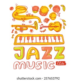 Set of musical instruments: keyboard, bongos, maracas, guitar, trumpet, saxophone