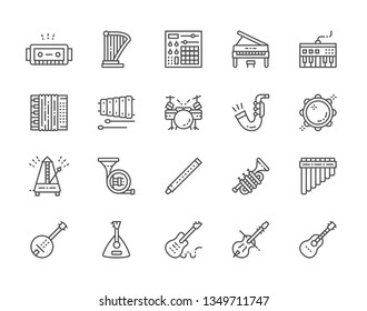 Set of Musical Instruments Line Icons. Harmonica, Audio Mixer, Piano, Synthesizer, Accordion, Drum Kit, Saxophone, Trombone, Banjo, Balalaika, Violin, Guitar and more. Pack of 48x48 Pixel Icons