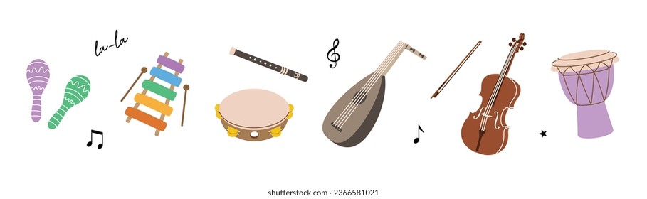 Set of musical instruments. Lute, violin, bandura, acoustic guitar, electric bass guitar, american banjo, drum kit, lyre, wooden harp, grand piano.