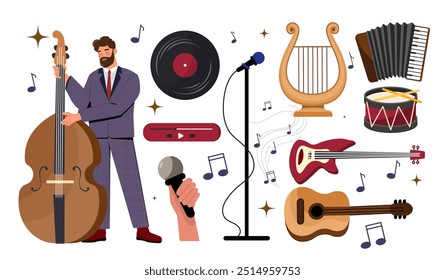 Set of musical instruments. Man with counter bass near hand with microphone and vinyl record. Harp, drums, acoustic and electric guitar. Flat vector collection isolated on white background