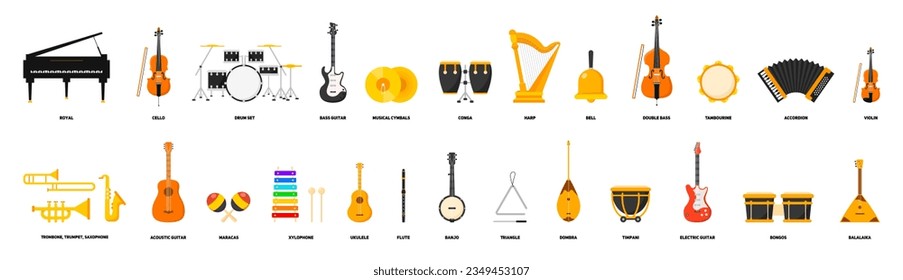 Set of musical instruments with names. Guitar, piano, violin, drums, etc. Vector.