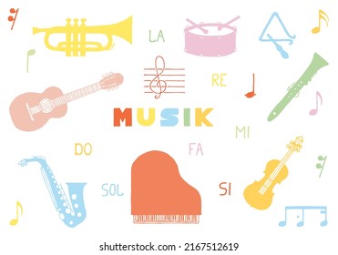 Set of musical instruments and notes with the inscription Music in the middle in doodle style. Hand Drawn. Freehand drawing. Sketch.