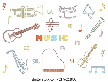 Conjunto de instrumentos musicales y notas con la inscripción Música en el medio en estilo doodle. Mano Cortada. Dibujo a mano libre. Esbozo.	