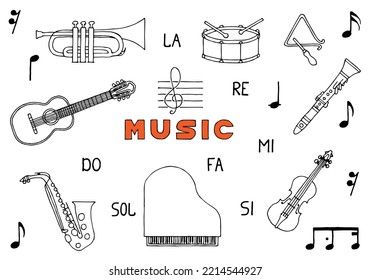 Satz von Musikinstrumenten und Noten mit der Inschrift Musik in der Mitte im Doodle-Stil. Handgezeichnet. Freehand Zeichnung. Skizze.	