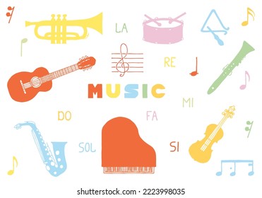 Set of musical instruments and notes with the inscription Music in the middle in doodle style. Hand Drawn. Freehand drawing. Sketch.	