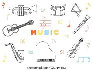 Set of musical instruments and notes with the inscription Music in the middle in doodle style. Hand Drawn. Freehand drawing. Sketch.	