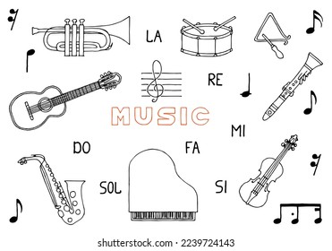 Set of musical instruments and notes with the inscription Music in the middle in doodle style. Hand Drawn. Freehand drawing. Sketch.	