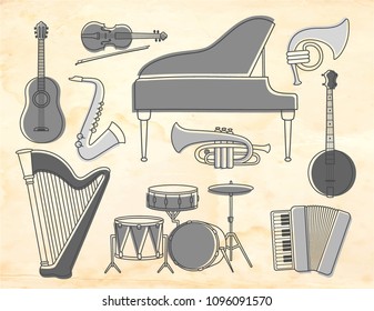 Set of Musical Instruments on an old paper background, retro style, vector illustration.