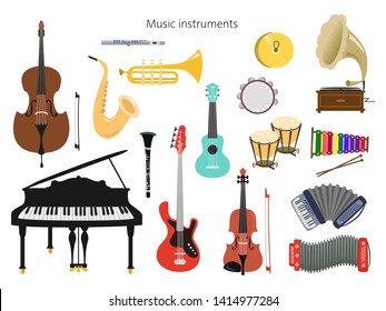 Set of musical instruments on the white background. Vector illustration.