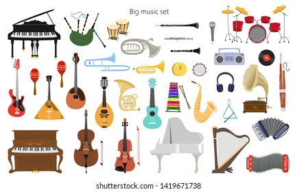 Set of musical instruments on the white background. Vector illustration.