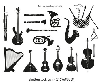 Set of musical instruments on the white background. Vector illustration.