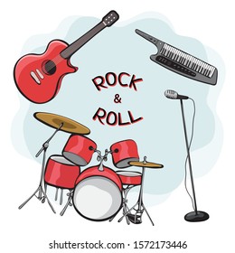 Set of musical instruments, outline cartoon hand drawing, rock and roll icon, vintage sticker. Black red drum kit, synthesizer, guitar, microphone isolated on white background. Vector illustration