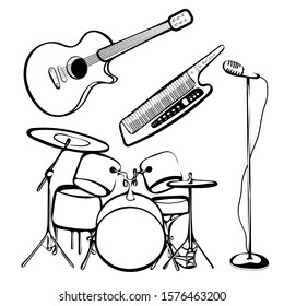 Set of musical instruments, outline hand drawing, black and white sketch, rock and roll icon, silhouette. Drum kit, synthesizer, guitar, microphone isolated on white background. Vector illustration