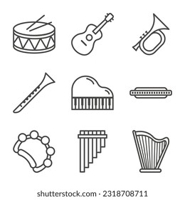 Set of Musical Instruments Outline Icon. Drum, Guitar, Piano, Harmonica, Clarinet, and More. Editable Stroke. Vector Eps 10