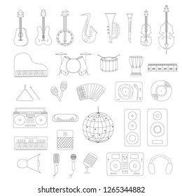 Set of musical instruments outline. Music shop or school concept. Vector isolated illustration. Disco ball. Cello, guitar, saxophone and violin for country festival or jazz fest.