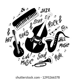 Set of musical instruments: piano, trumpet, cymbals, guitar, cello and saxophone. Vector hand drawn illustration.