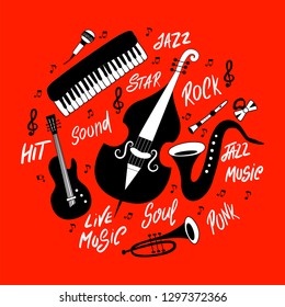 Set of musical instruments: piano, trumpet, cymbals, guitar, cello and saxophone. Vector hand drawn illustration.