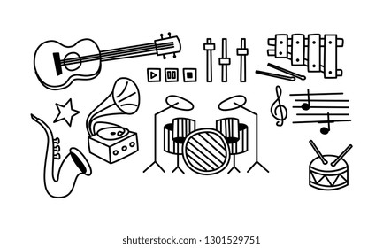 Set of musical instruments, player buttons and music notes. Icons in sketch style. Hand drawn vector illustrations